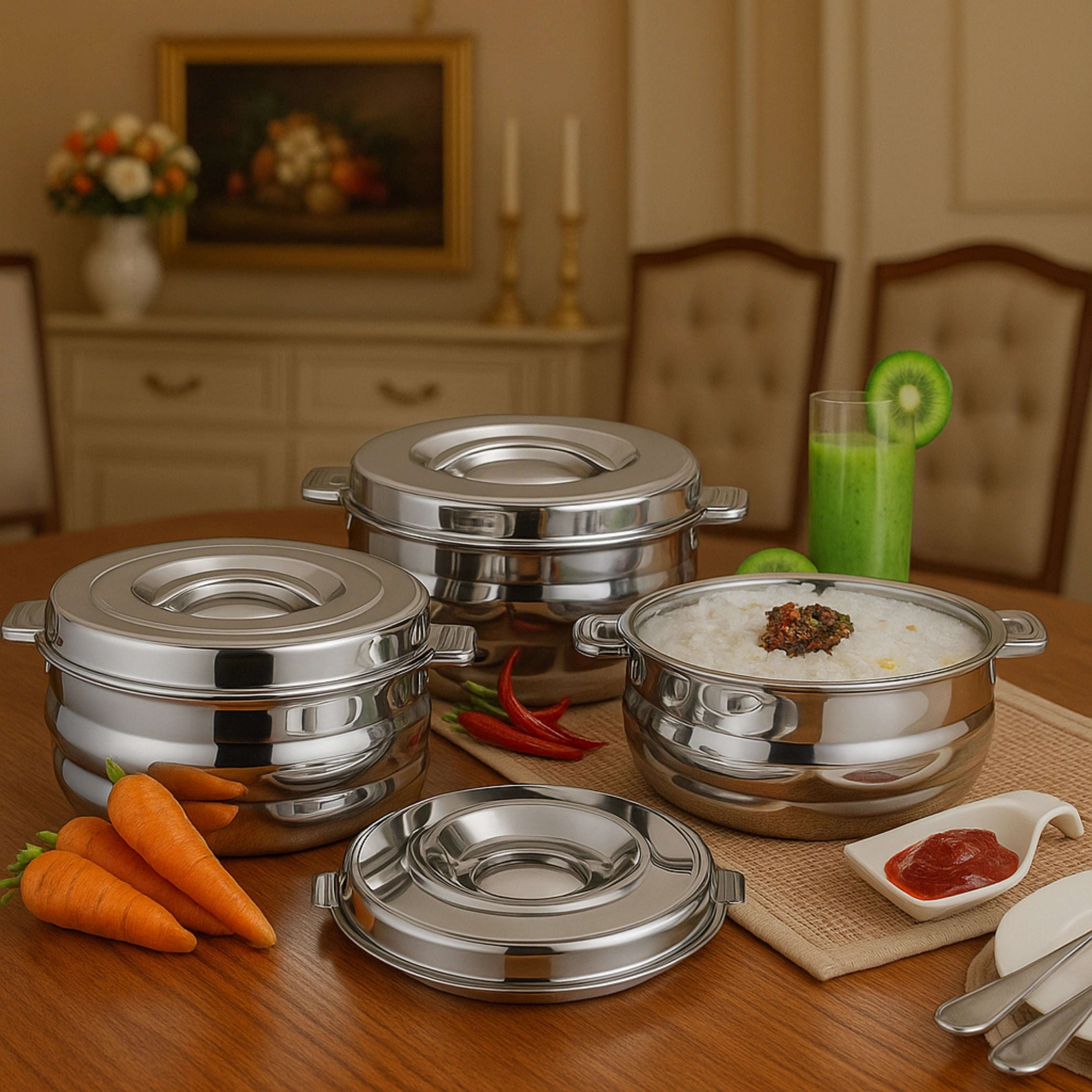 Orchid Stainless Steel Insulated Casserole Gift Set – 3 Pcs | Double Wall Hot Pots with SS Lids | Rust-Free | Heat Retaining Serveware